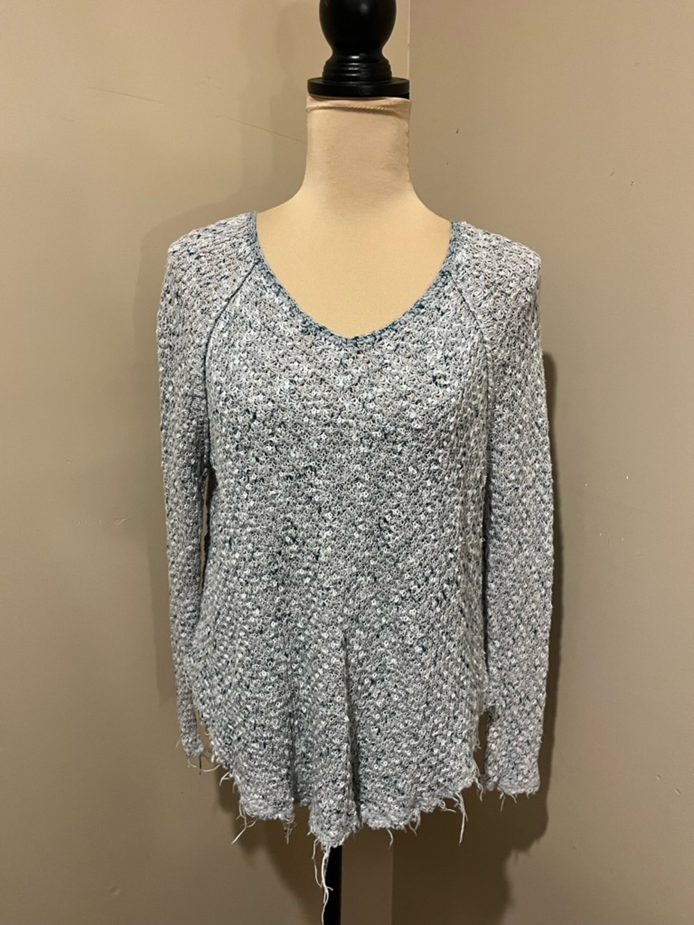 Free People Oversized Vneck, Blue-Grey Open Knit Top, raw hem, boho, size small